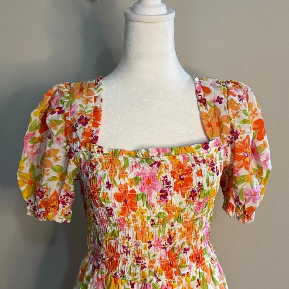 mine Floral Puff-Sleeve Smocked Mini Dress in Orange, Pink, Yellow, Green - Picture 2 of 4